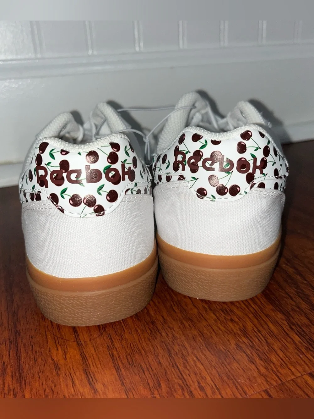 Reebok Kids White Sneakers with Cherry Print and Gum Sole